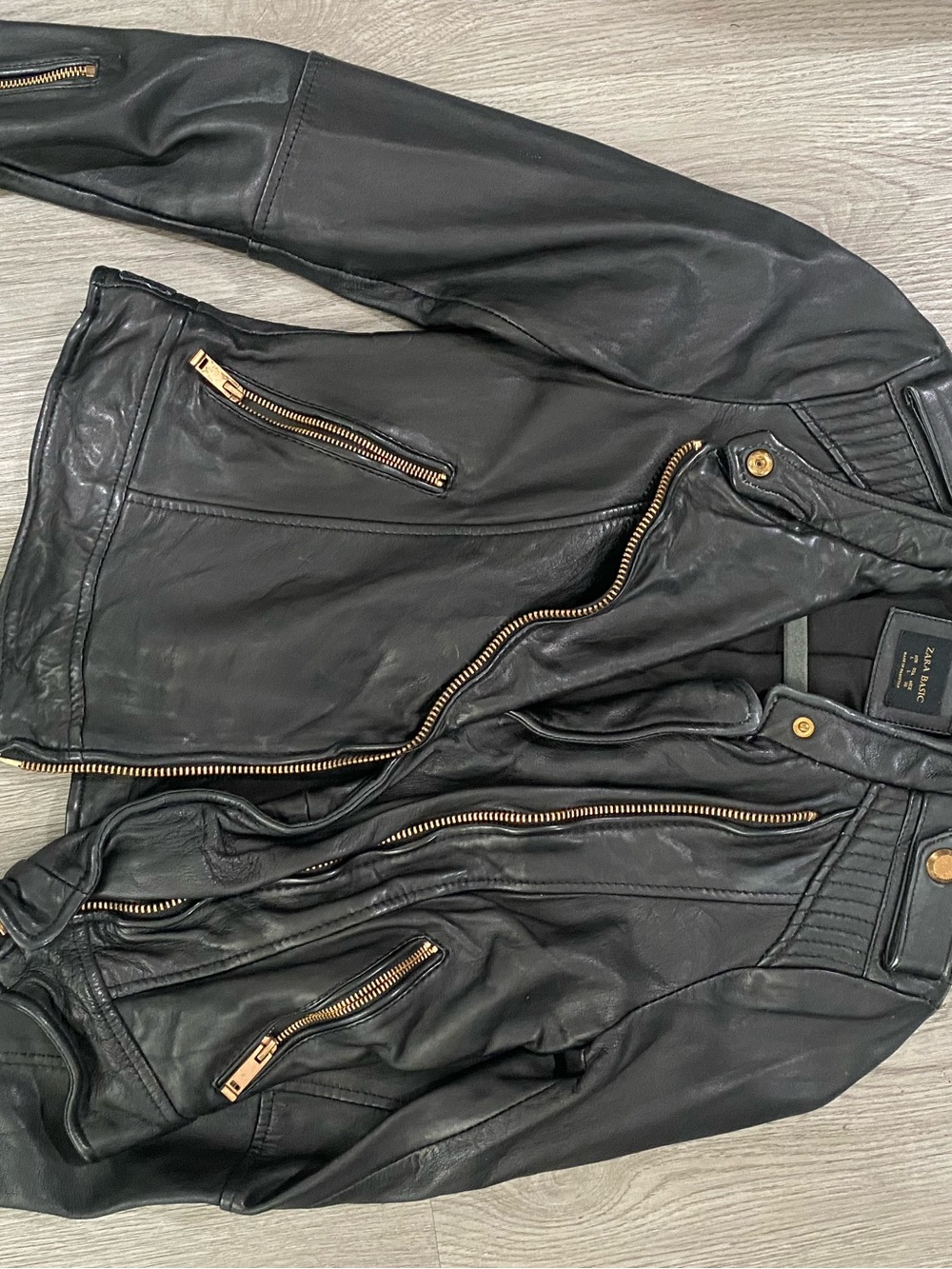 Zara Black Leather Moto Jacket with Gold Hardware